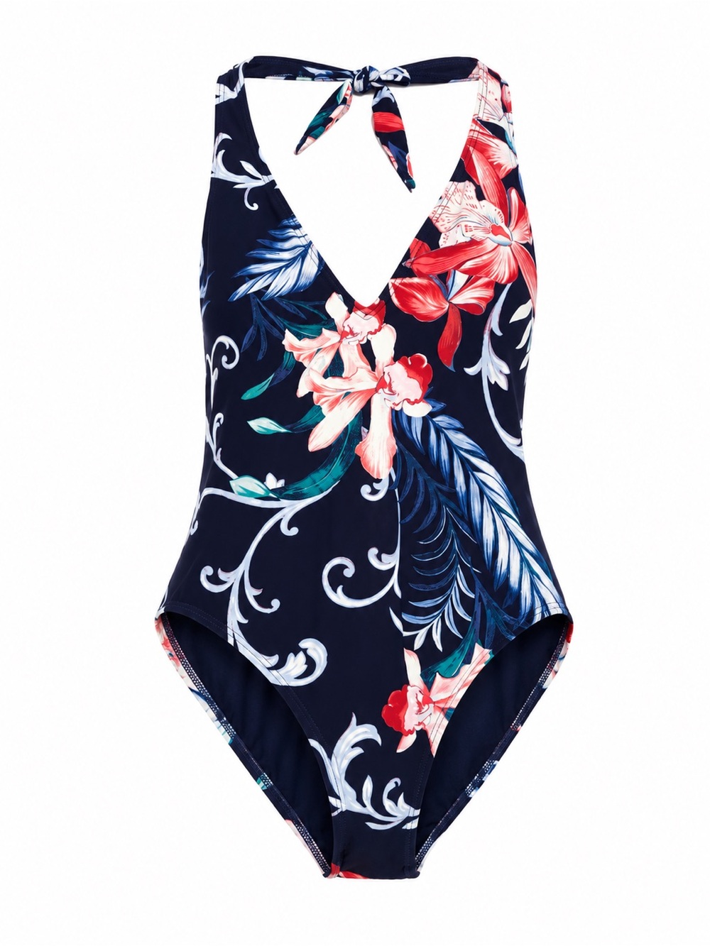 Carmen Marc Valvo Navy Floral Halter One-Piece with Waist Tie